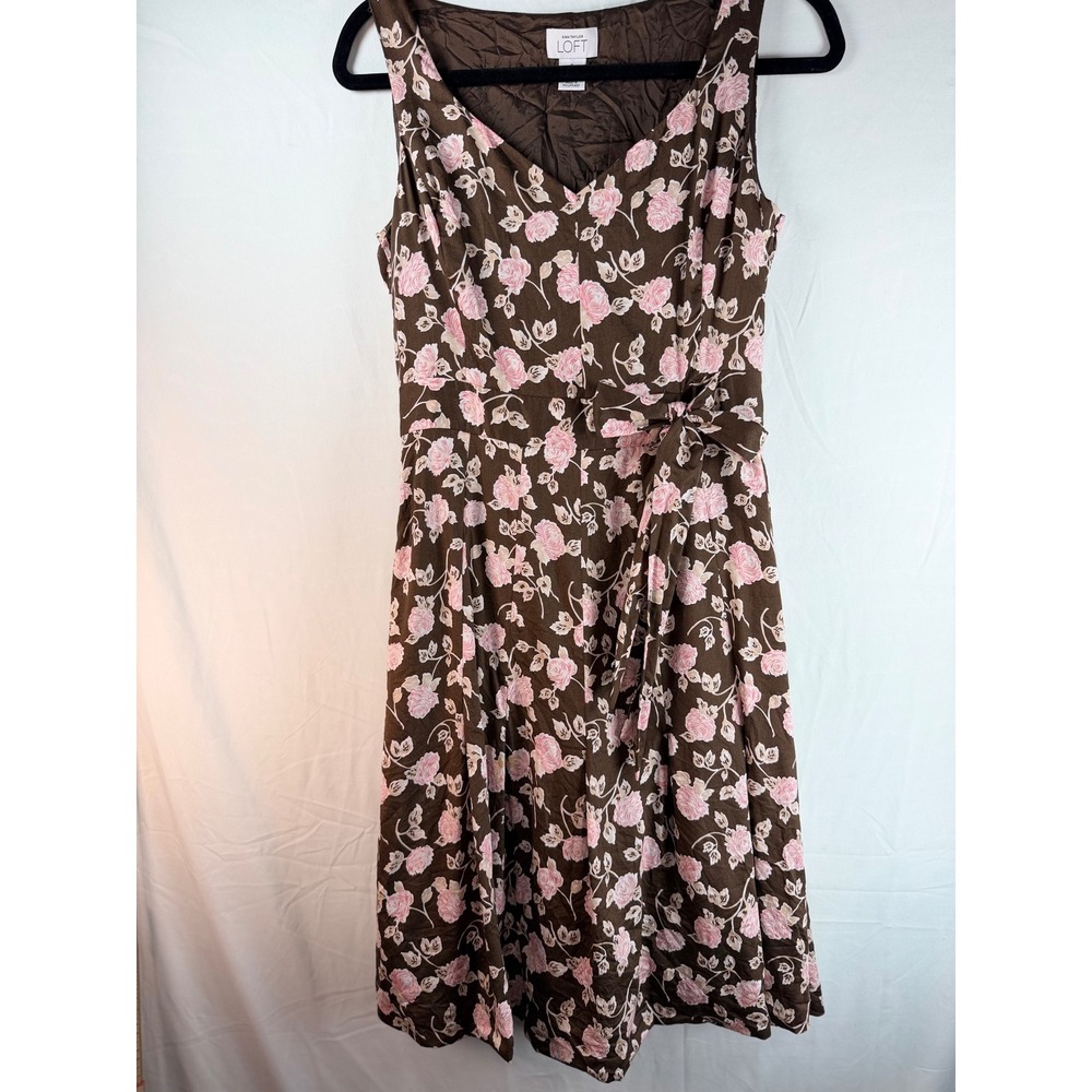 Ann Taylor Loft Womens 6 Brown Pink Rose Floral Cotton Fit & Flare Dress V-Neck